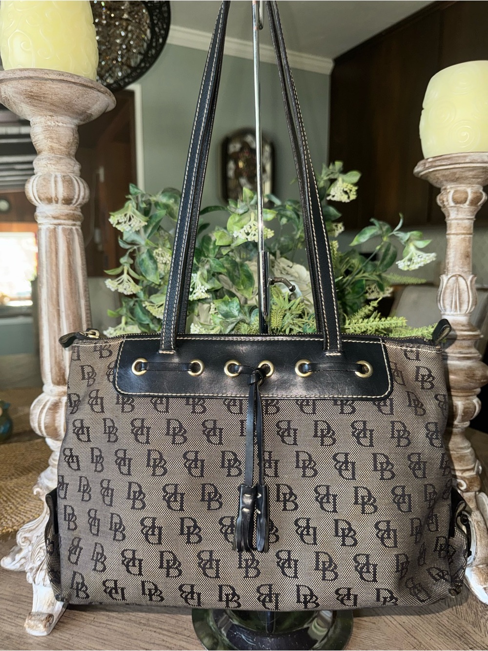 Dooney & Bourke Brown Monogram Canvas Shoulder Bag with Black Trim